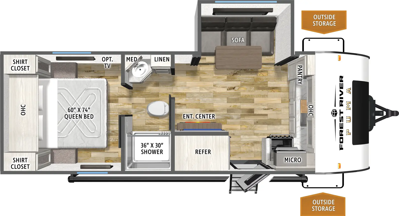 The Puma Camping Edition 211FKCE floorplan has one entry and one slide out. Exterior features include: metal exterior. Interiors features include: front kitchen, rear bedroom and pass through bathroom.
